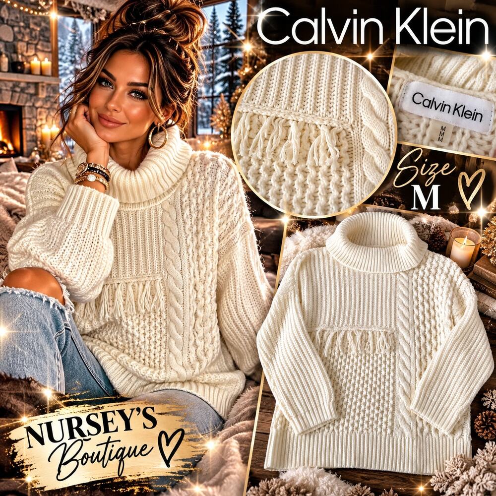 Calvin Klein Sweater M Ivory Mixed Cable Knit Fringe Turtleneck Oversized Cozy